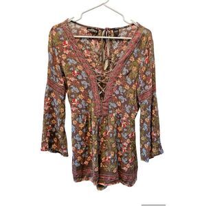 Angie Women's Floral Surplice Dress Brown Peach Blue Criss Cross‎ V neck Small